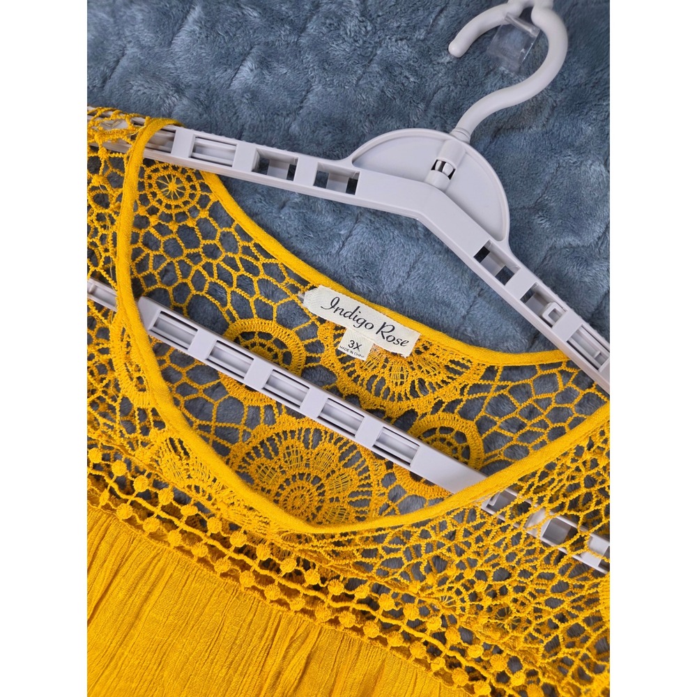 Indigo Rose Womens 3X Mustard Yellow Crochet Lace 3/4 Sleeve Boho Blouse Top